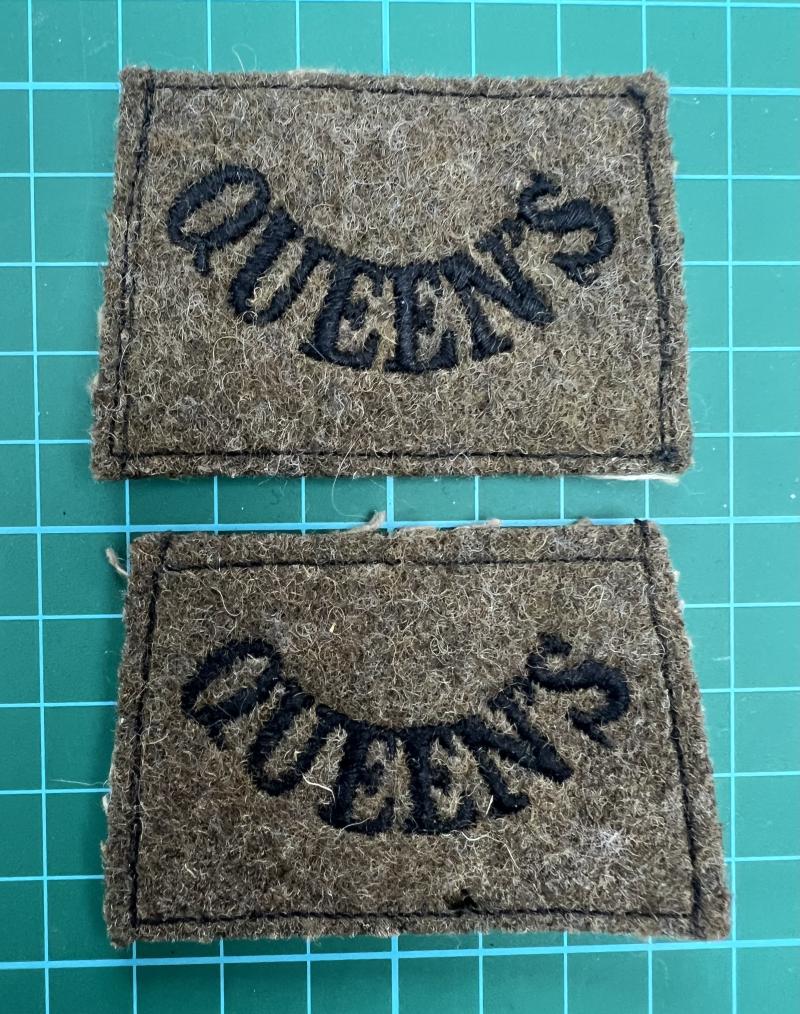 WW2 Pair Queens Regiment Slip on Shoulder Titles
