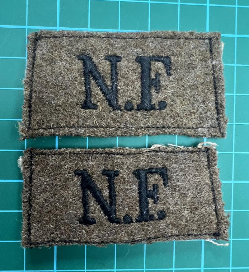 WW2 Pair Northumberland Fusilier's Slip on Shoulder Titles